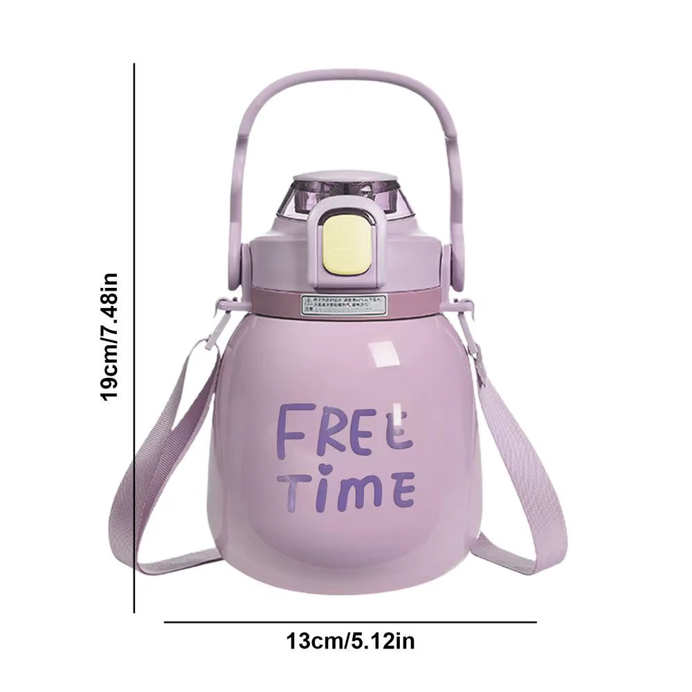 Large Belly Bottle with Straw 1000Ml Cute Water Bottles with Handle Hydrating Gym Bottle with Strap 316 Stainless Steel