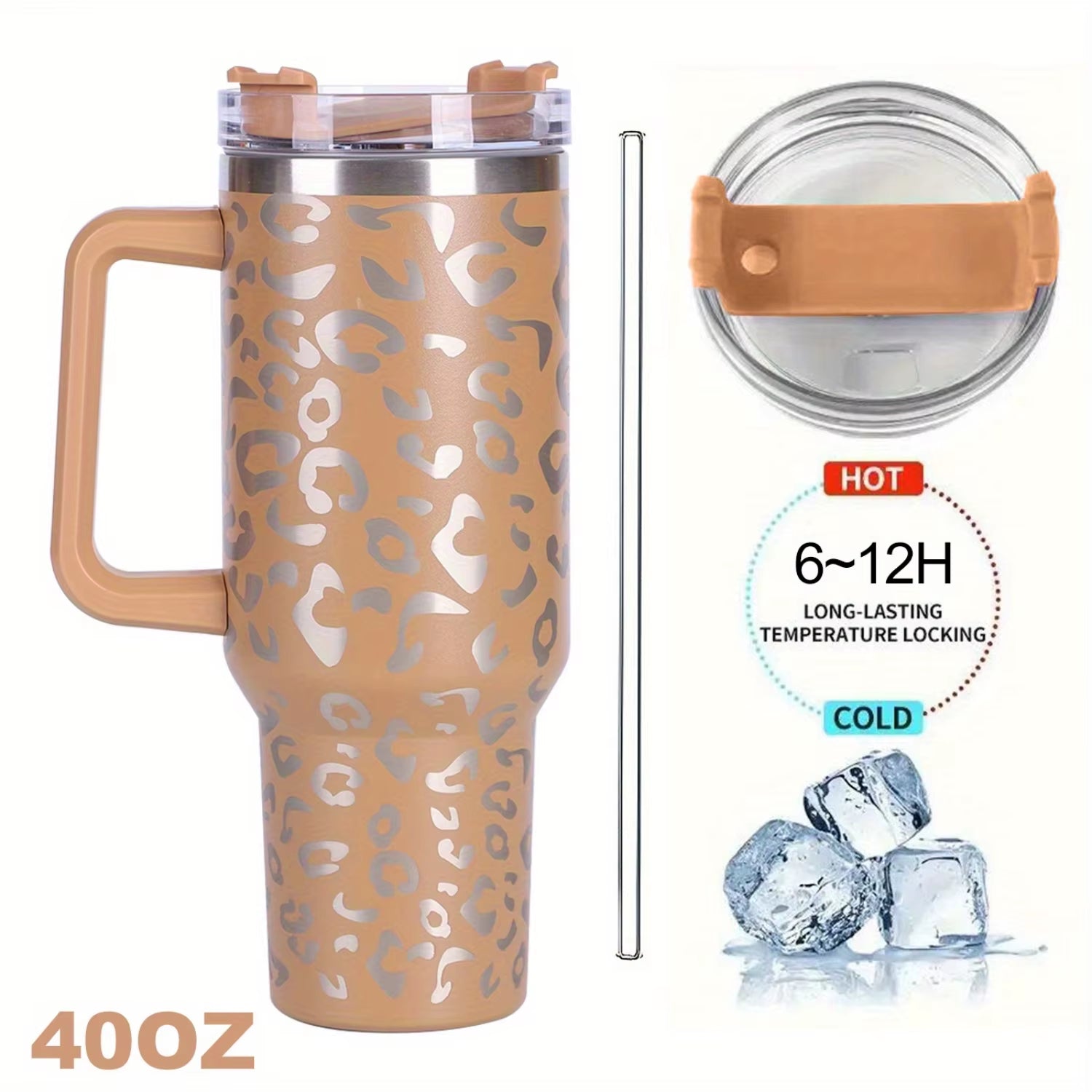 1Pc Leopard Print Vacuum Flask 40Oz, Portable Large Capacity Thermal Water Bottles, Stainless Steel Leakproof Tumbler, Heat And