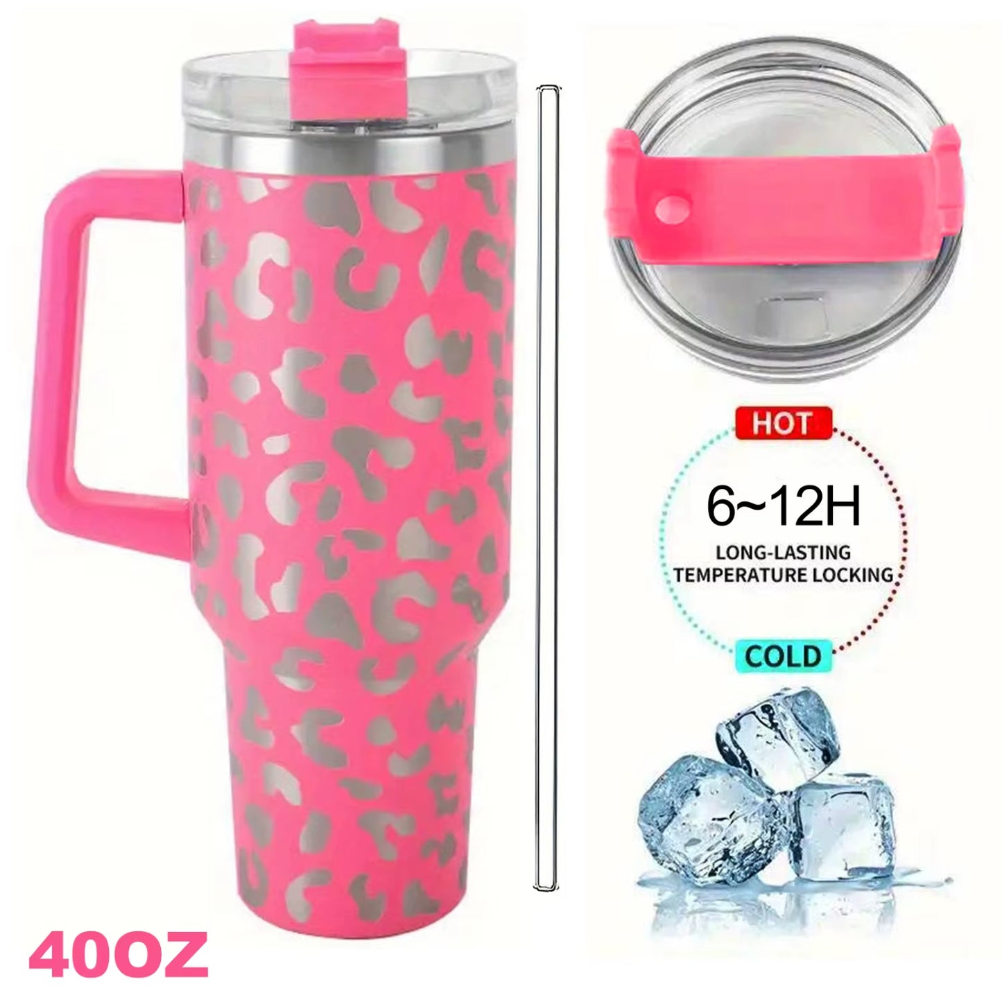 1Pc Leopard Print Vacuum Flask 40Oz, Portable Large Capacity Thermal Water Bottles, Stainless Steel Leakproof Tumbler, Heat And