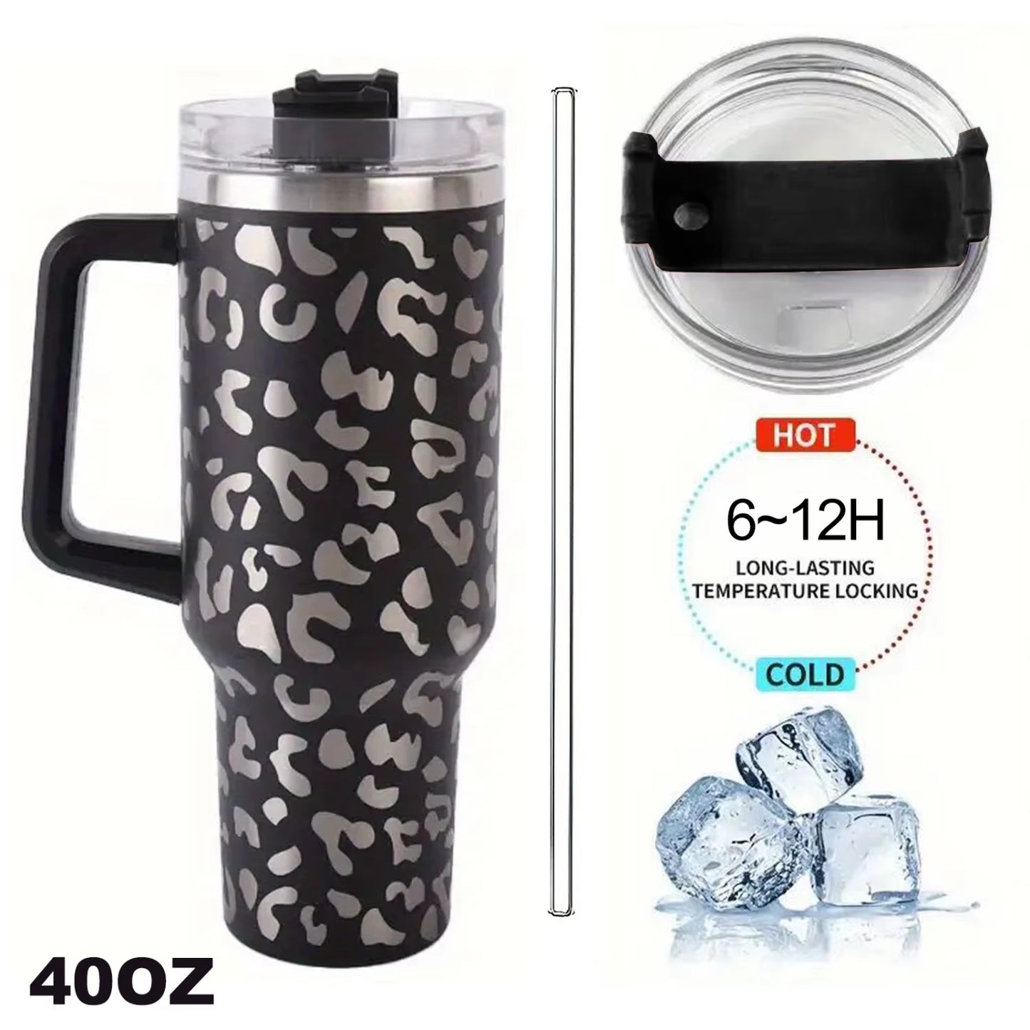 1Pc Leopard Print Vacuum Flask 40Oz, Portable Large Capacity Thermal Water Bottles, Stainless Steel Leakproof Tumbler, Heat And