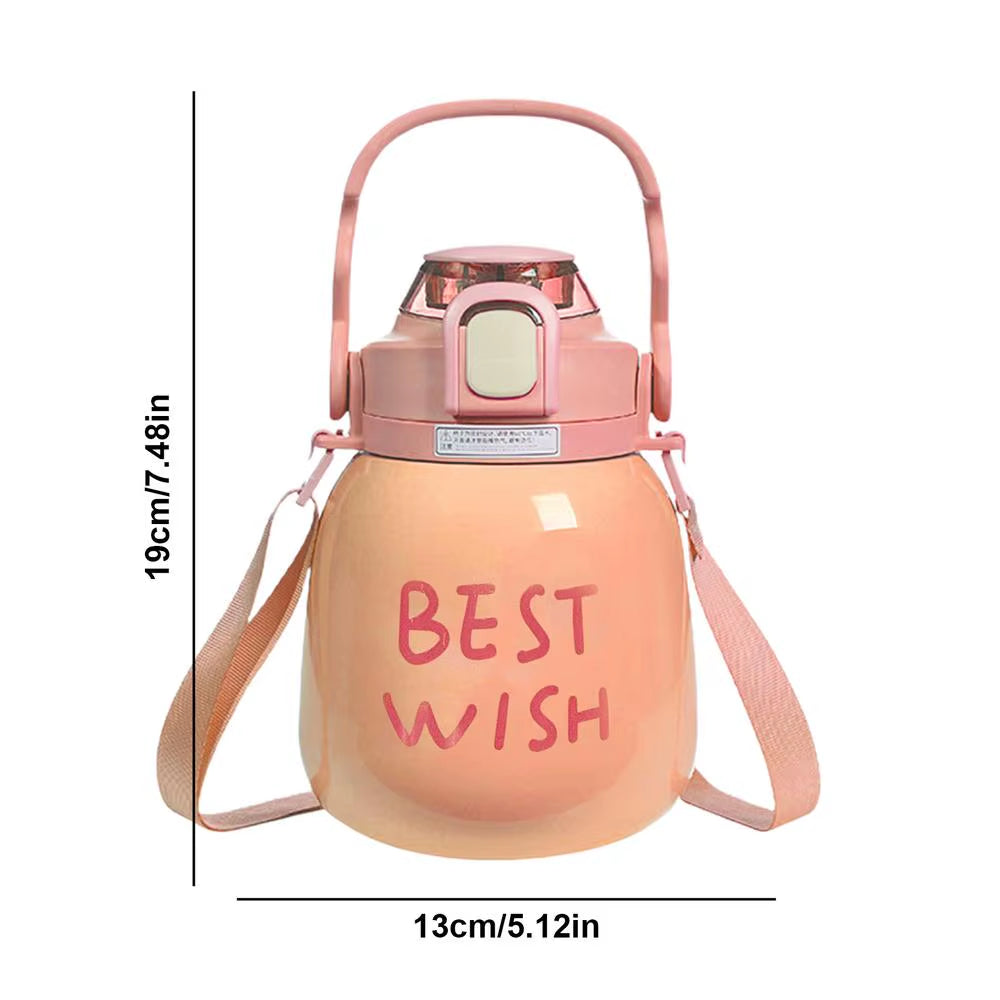 Large Belly Bottle with Straw 1000Ml Cute Water Bottles with Handle Hydrating Gym Bottle with Strap 316 Stainless Steel
