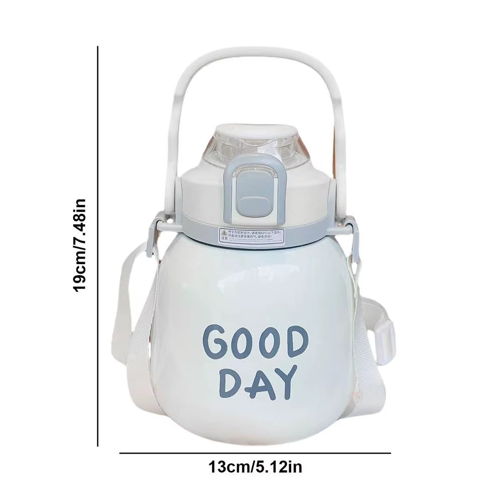 Large Belly Bottle with Straw 1000Ml Cute Water Bottles with Handle Hydrating Gym Bottle with Strap 316 Stainless Steel