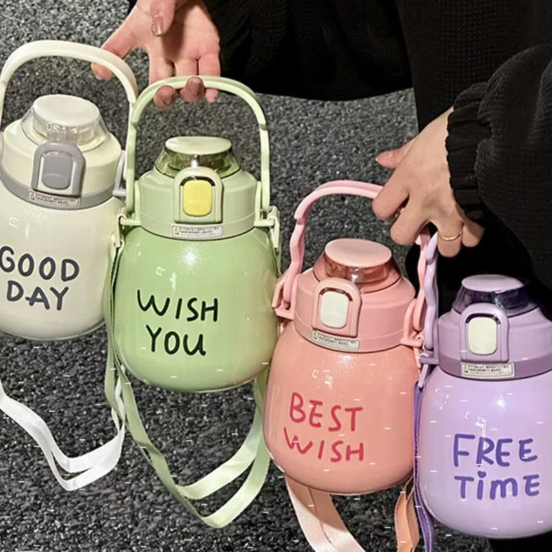 Large Belly Bottle with Straw 1000Ml Cute Water Bottles with Handle Hydrating Gym Bottle with Strap 316 Stainless Steel