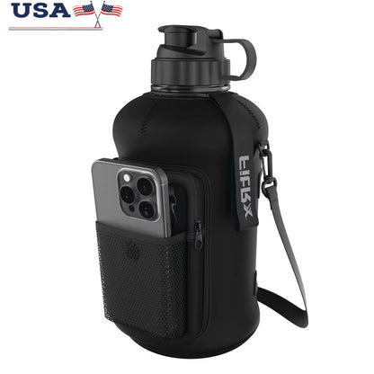 Half Gallon Water Bottle with Neoprene Sleeve Storage Pocket Carry Strap BPA Free 68Oz Portable Hydration Jug Adults