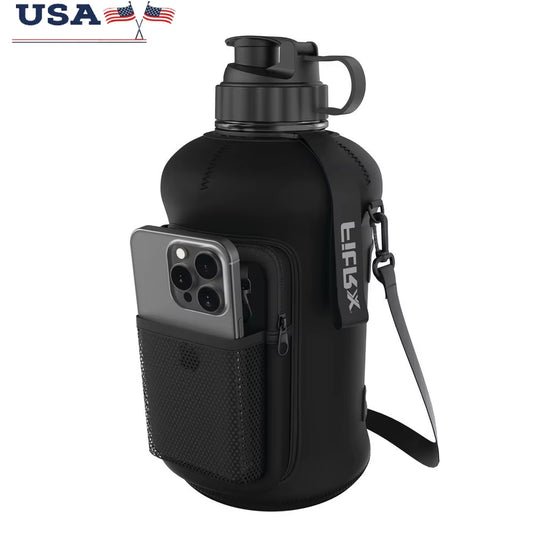 Half Gallon Water Bottle with Neoprene Sleeve Storage Pocket Carry Strap BPA Free 68Oz Portable Hydration Jug Adults