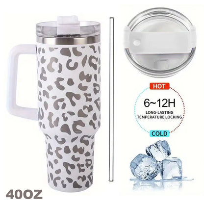 1Pc Leopard Print Vacuum Flask 40Oz, Portable Large Capacity Thermal Water Bottles, Stainless Steel Leakproof Tumbler, Heat And
