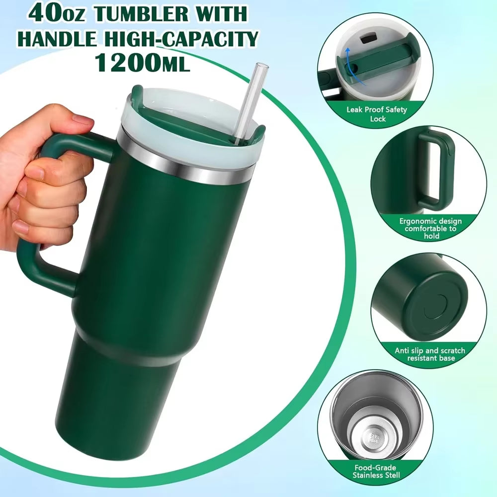 40Oz Tumbler with Straw Lid and Handle Stainles Steel Vacuum Insulated Thermos Water Bottle Cup Thermal Coffee Travel Mug Drinks