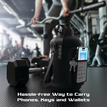 Half Gallon Water Bottle with Neoprene Sleeve Storage Pocket Carry Strap BPA Free 68Oz Portable Hydration Jug Adults