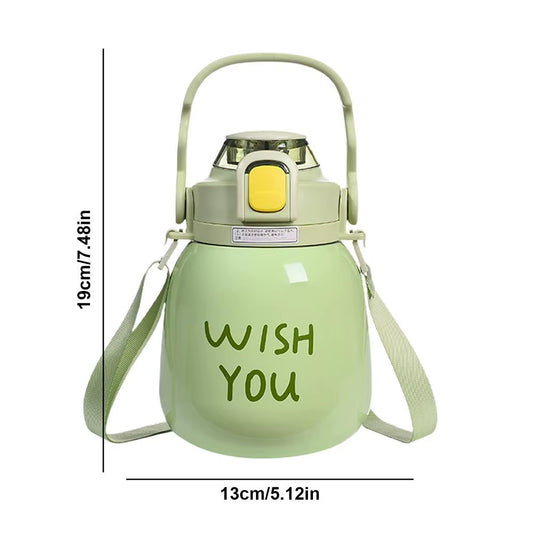 Large Belly Bottle with Straw 1000Ml Cute Water Bottles with Handle Hydrating Gym Bottle with Strap 316 Stainless Steel