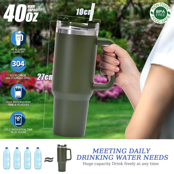 40Oz Tumbler with Straw Lid and Handle Stainles Steel Vacuum Insulated Thermos Water Bottle Cup Thermal Coffee Travel Mug Drinks