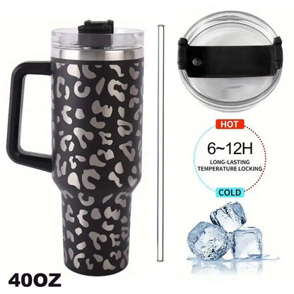 1Pc Leopard Print Vacuum Flask 40Oz, Portable Large Capacity Thermal Water Bottles, Stainless Steel Leakproof Tumbler, Heat And