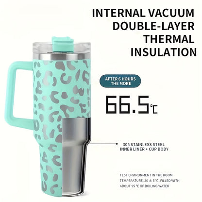 1Pc Leopard Print Vacuum Flask 40Oz, Portable Large Capacity Thermal Water Bottles, Stainless Steel Leakproof Tumbler, Heat And