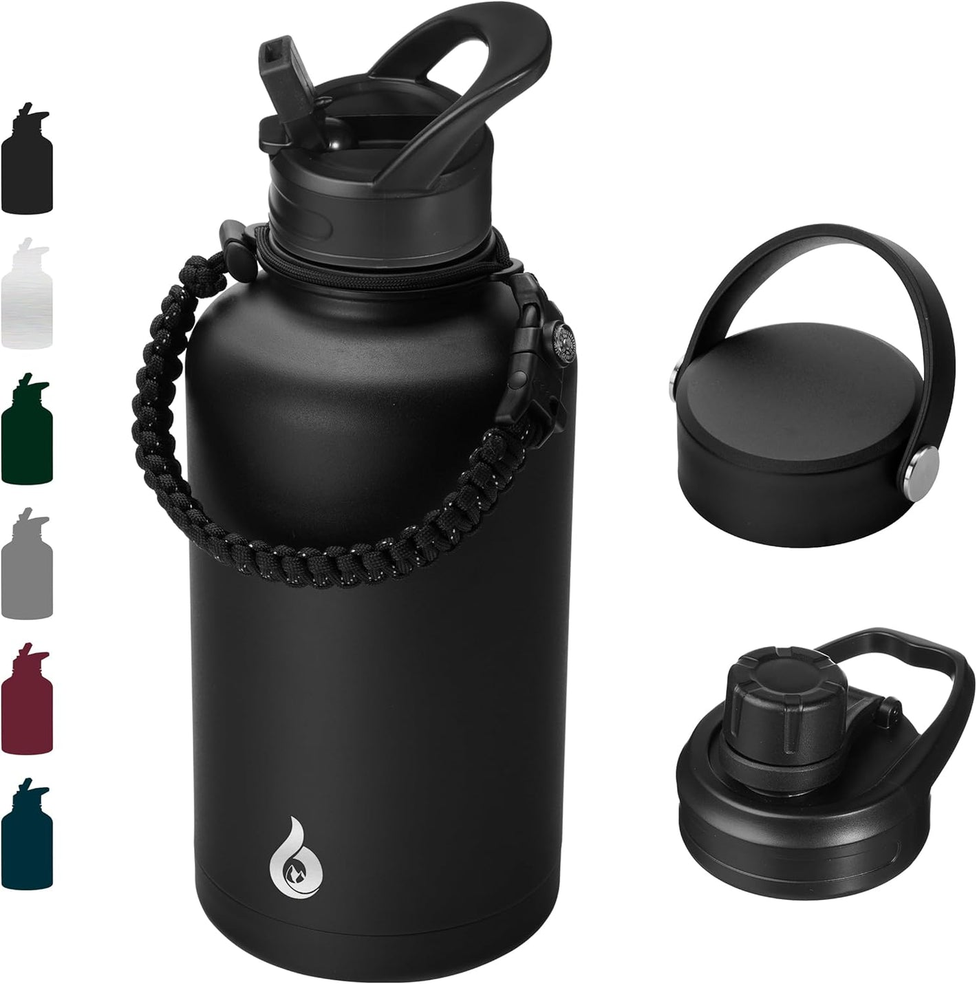 Half Gallon Insulated Water Bottles with Straw Lid, 64Oz Large Water Jug, Stainless Steel Bottles with 3 Lids and Paracord Handle, Thermos for Hot & Cold Liquid, Black
