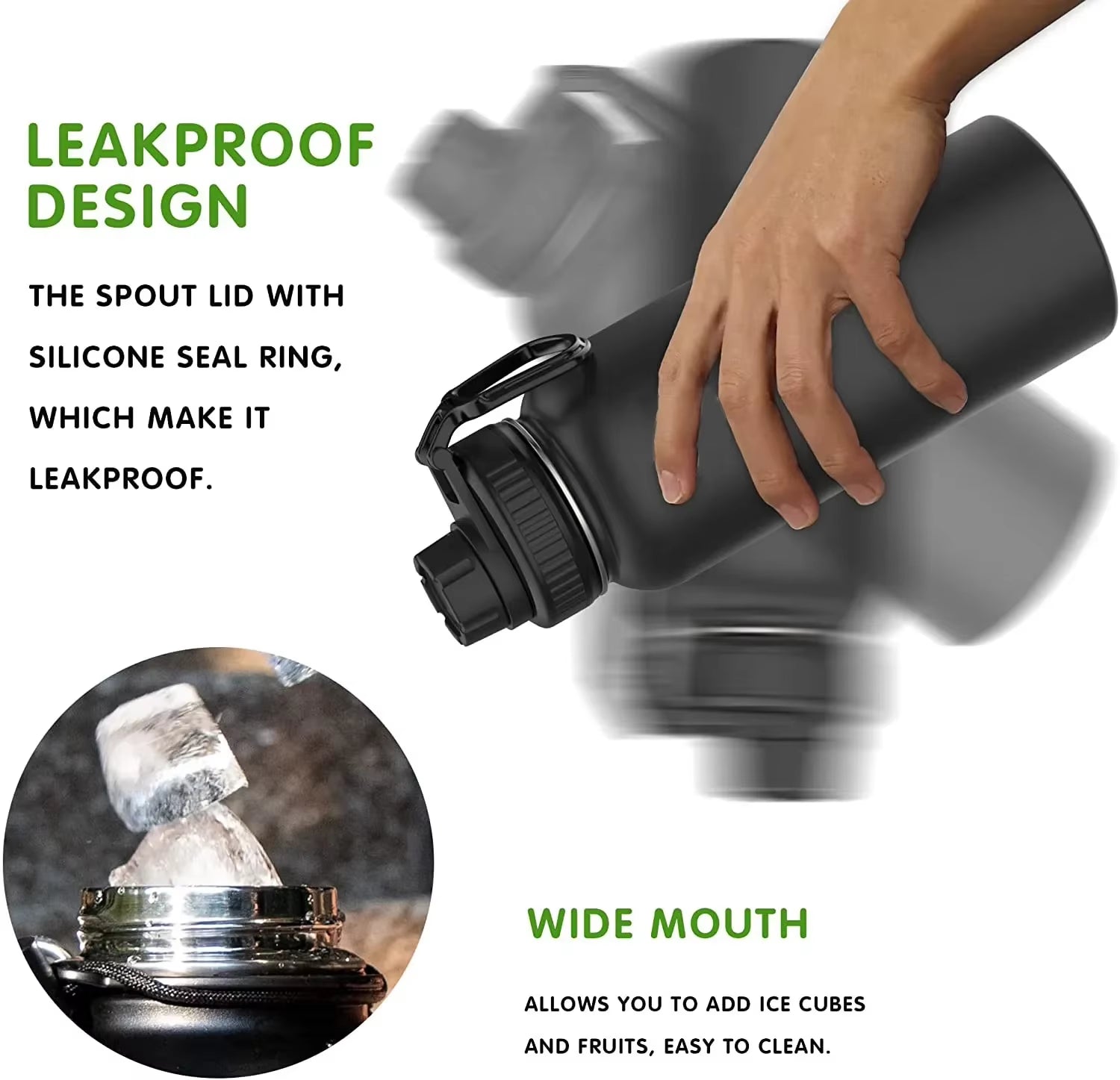 Insulated Water Bottle, 1000Ml 32 Oz Stainless Steel Double Wall Vacuum Wide Mouth Sport Bottle with Leakproof Spout Lid Mug Cup