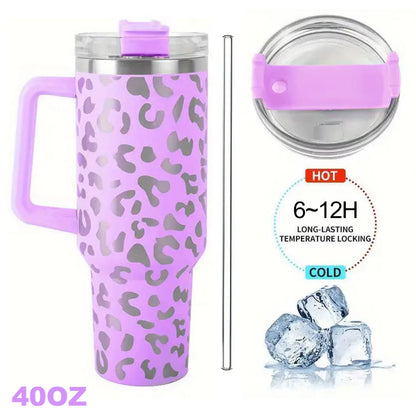 1Pc Leopard Print Vacuum Flask 40Oz, Portable Large Capacity Thermal Water Bottles, Stainless Steel Leakproof Tumbler, Heat And