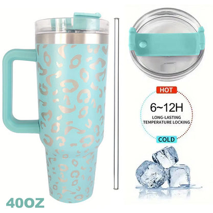 1Pc Leopard Print Vacuum Flask 40Oz, Portable Large Capacity Thermal Water Bottles, Stainless Steel Leakproof Tumbler, Heat And