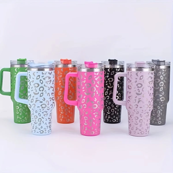 1Pc Leopard Print Vacuum Flask 40Oz, Portable Large Capacity Thermal Water Bottles, Stainless Steel Leakproof Tumbler, Heat And