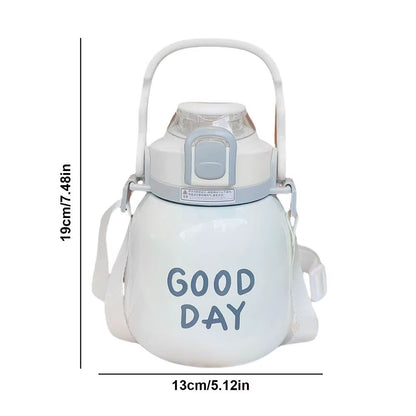 Large Belly Bottle with Straw 1000Ml Cute Water Bottles with Handle Hydrating Gym Bottle with Strap 316 Stainless Steel