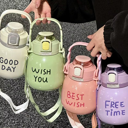 Large Belly Bottle with Straw 1000Ml Cute Water Bottles with Handle Hydrating Gym Bottle with Strap 316 Stainless Steel
