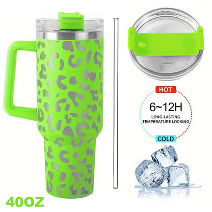 1Pc Leopard Print Vacuum Flask 40Oz, Portable Large Capacity Thermal Water Bottles, Stainless Steel Leakproof Tumbler, Heat And