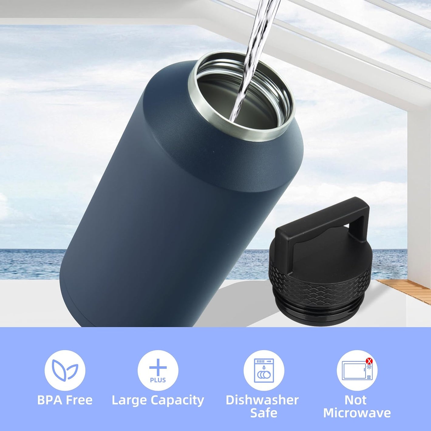 Half Gallon Water Bottle Insulated, Dishwasher Safe 64 Oz Water Bottle with Handle, Leakproof BPA Free Water Jug, Large Stainless Steel Thermos for Sports, Navy Blue
